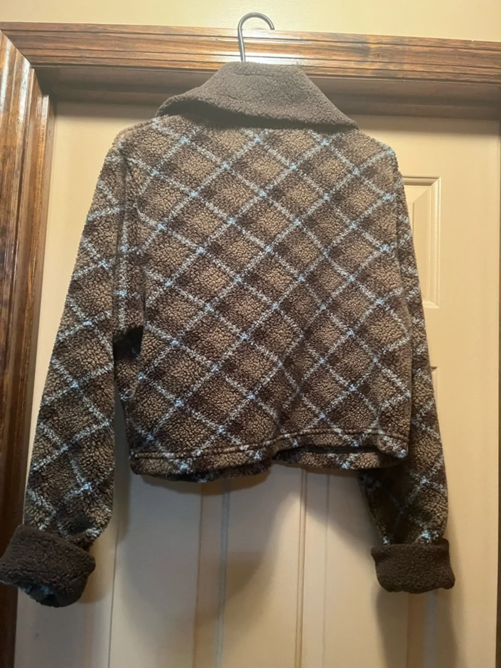 Brown Sherpa Plaid Zip-Up Jacket - Women's Teddy Coat - Picture 2 of 4